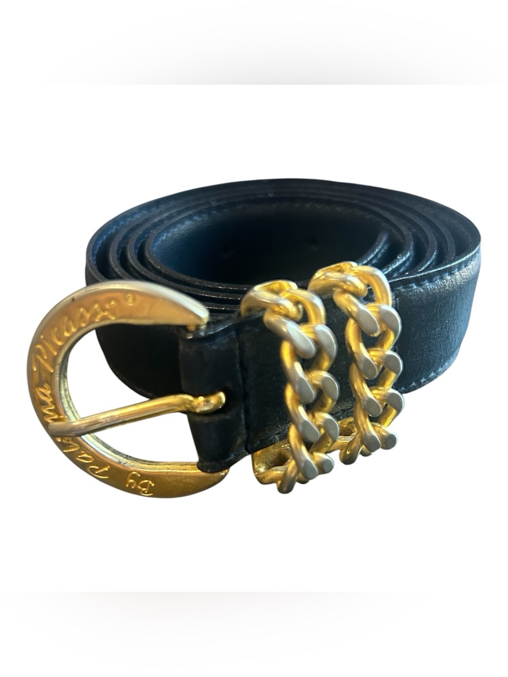 Vintage 80s Paloma Picasso Black Leather Gold Belt Brass Signature Buckle Lg 80